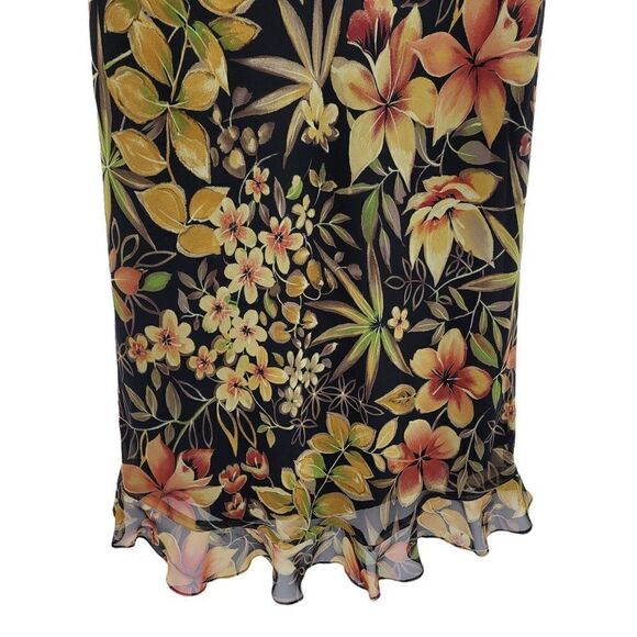 Vtg Skirt Botanical Tropical Floral High Low Ruffle Hem Trumpet Midi Black Sz L - Picture 8 of 9
